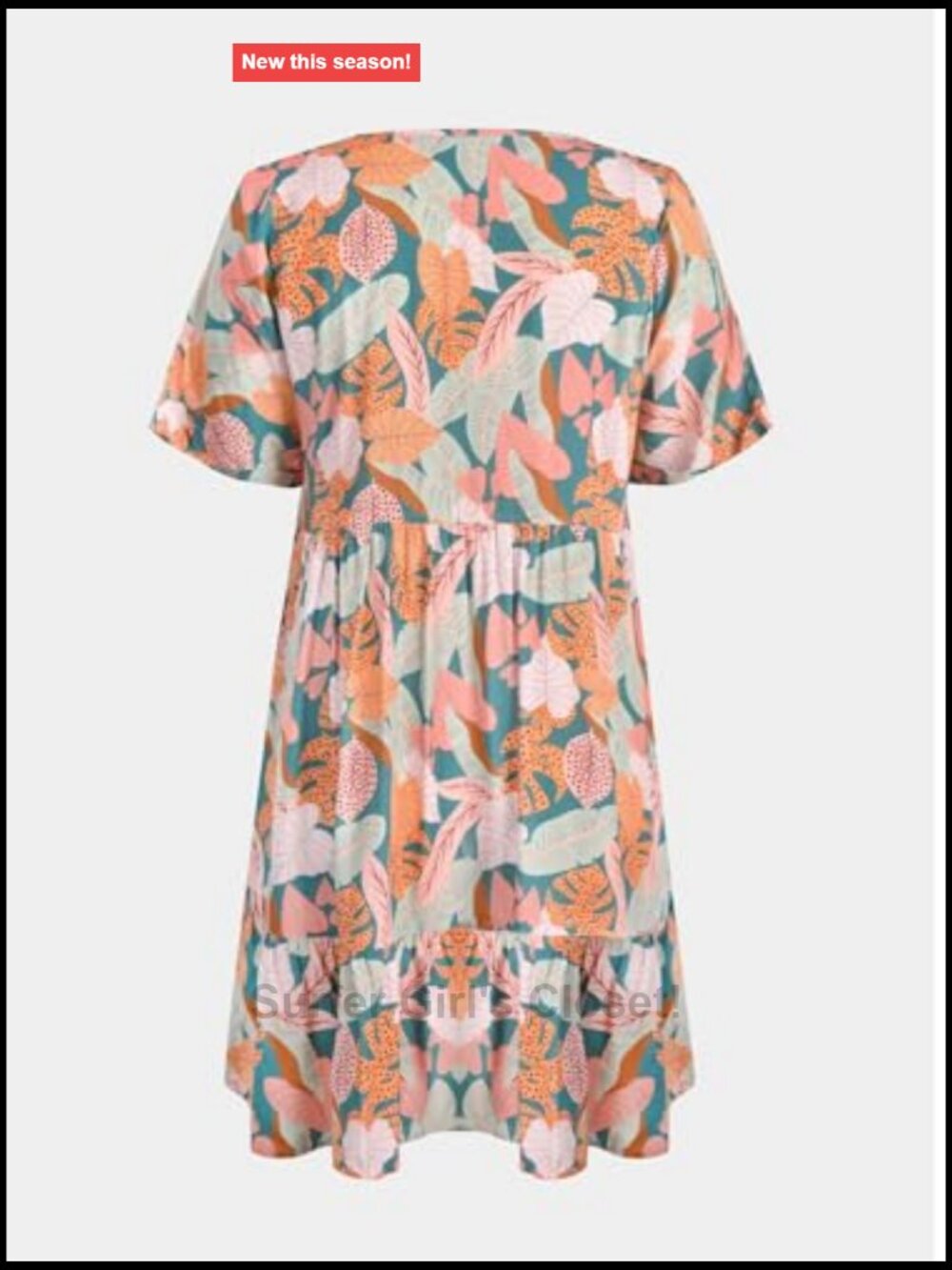 Tropical Ruffled Mini Dress V-Neck Short Sleeve Rayon A-Line Summer Casual - Picture 6 of 7